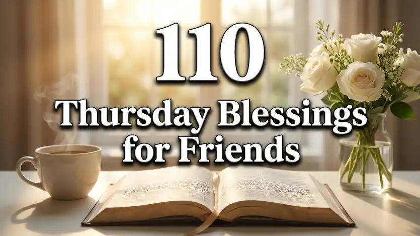 Warm golden Thursday morning featured image with a steaming coffee cup, open Bible, white flowers, and the title “110 Thursday Blessings for Friends” in large white serif text.